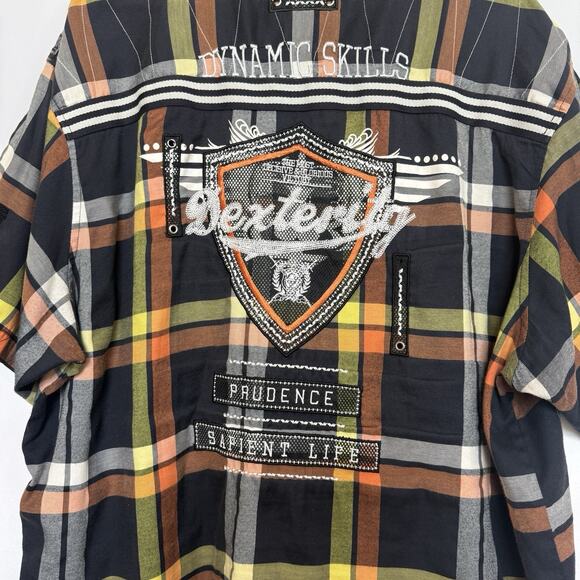 Raw Blue Mens Plaid Embroidered Button Shirt Size 4XL Grunge Skater Biker Y2K - Picture 7 of 16